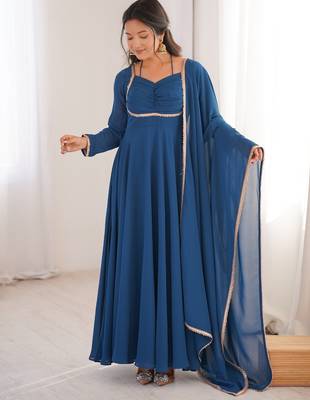 Elegant teal fox blooming georgette flared anarkali gown with dupatta 1