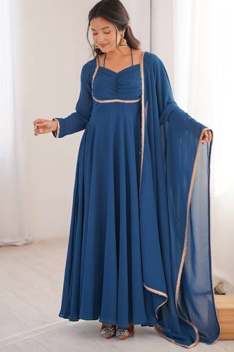 Elegant teal fox blooming georgette flared anarkali gown with dupatta