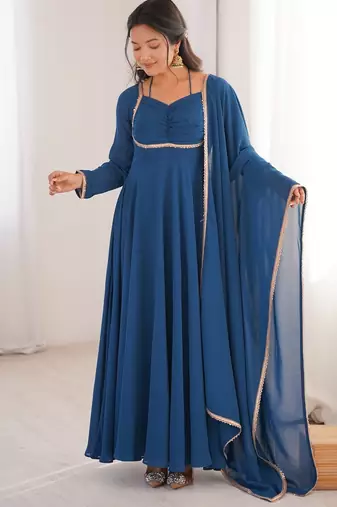 Elegant teal fox blooming georgette flared anarkali gown with dupatta