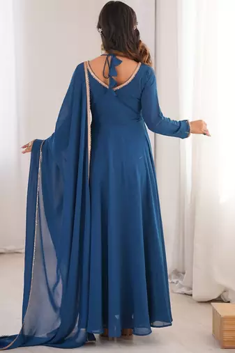 Elegant teal fox blooming georgette flared anarkali gown with dupatta