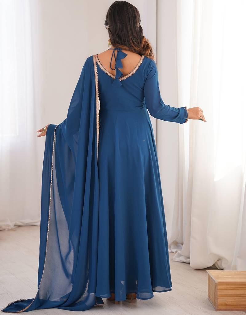 Elegant teal fox blooming georgette flared anarkali gown with dupatta