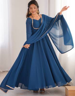 Elegant teal fox blooming georgette flared anarkali gown with dupatta 3