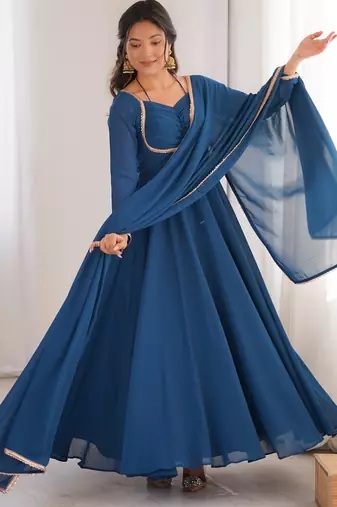 Elegant teal fox blooming georgette flared anarkali gown with dupatta