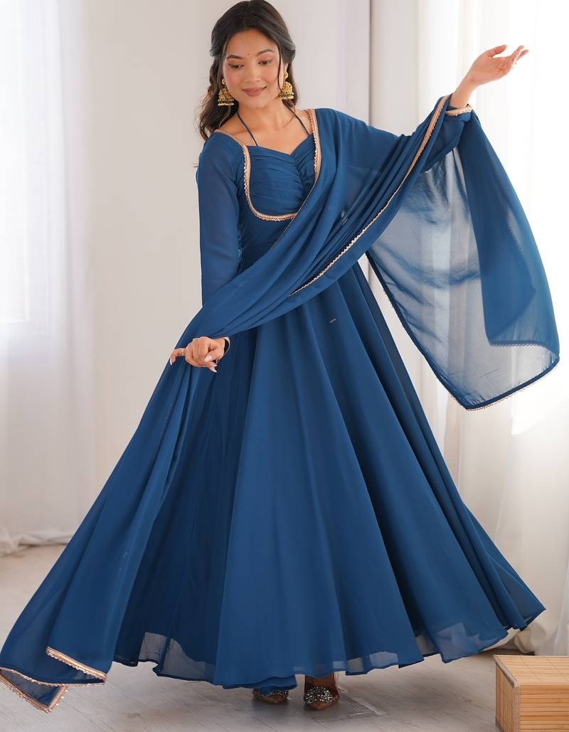 Elegant teal fox blooming georgette flared anarkali gown with dupatta