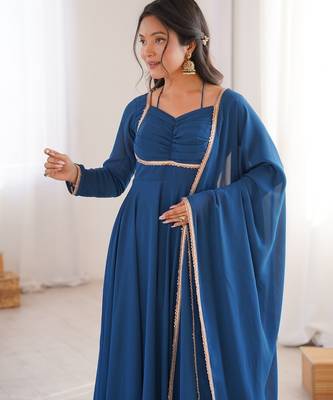 Elegant teal fox blooming georgette flared anarkali gown with dupatta 4