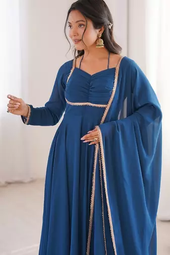 Elegant teal fox blooming georgette flared anarkali gown with dupatta