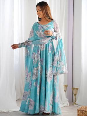 Women’s floral printed heavy fox georgette anarkali gown with matching dupatta 5