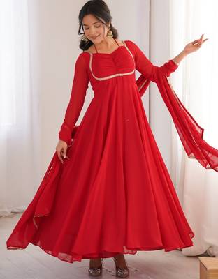Elegant red fox blooming georgette flared anarkali gown with dupatta 5