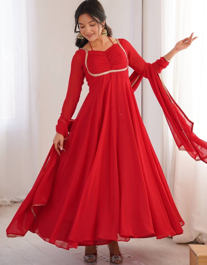 Elegant red fox blooming georgette flared anarkali gown with dupatta
