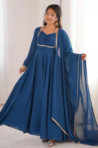 Elegant teal fox blooming georgette flared anarkali gown with dupatta