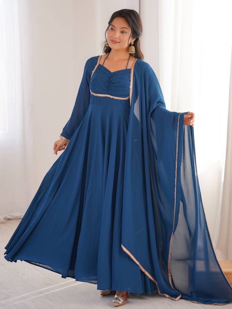 Elegant teal fox blooming georgette flared anarkali gown with dupatta