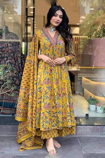 Jaipuri Yellow Women's Cotton Blend Anarkali Printed Kurta With Palazzo & Dupatta