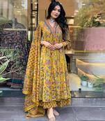 Jaipuri Yellow Women's Cotton Blend Anarkali Printed Kurta With Palazzo & Dupatta