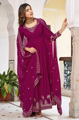 Wine Thread & Sequins Work Gown Set