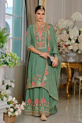 Luxury wedding seagreen embroidered kurta palazzo set