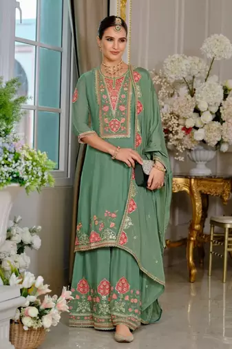 Luxury wedding seagreen embroidered kurta palazzo set