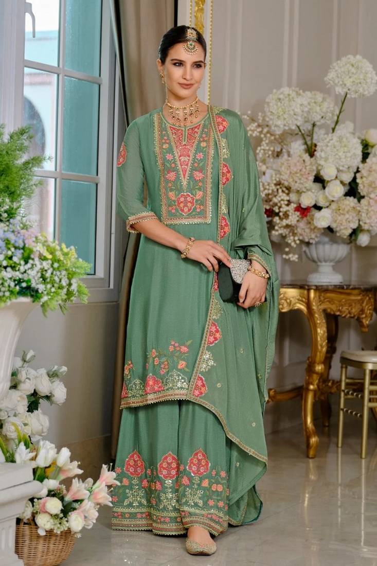 Luxury wedding seagreen embroidered kurta palazzo set