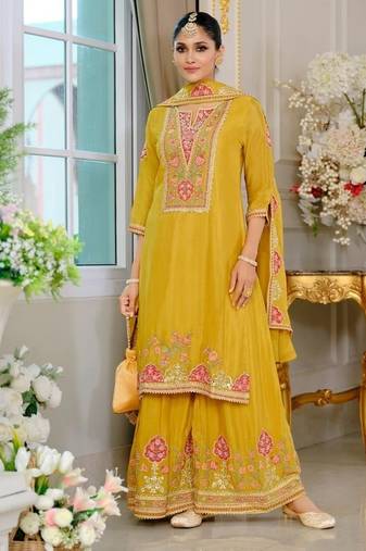 Luxury wedding yellow embroidered kurta palazzo set