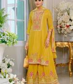 Luxury wedding yellow embroidered kurta palazzo set