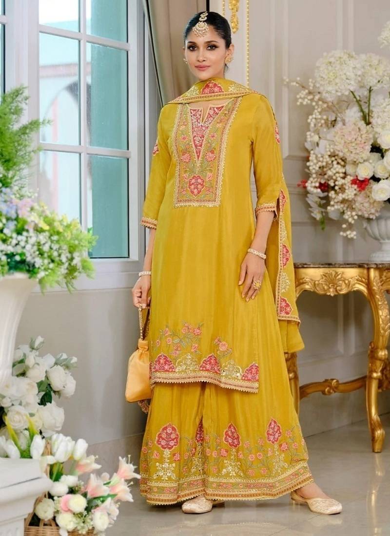 Luxury wedding yellow embroidered kurta palazzo set
