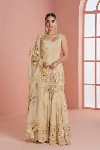 Cream cosmos with coading sequence with thread work plazzo set