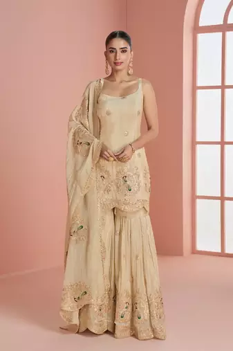 Cream cosmos with coading sequence with thread work plazzo set