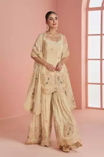 Cream cosmos with coading sequin with thread work palazzo set