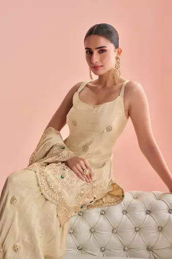 Cream cosmos with coading sequin with thread work palazzo set