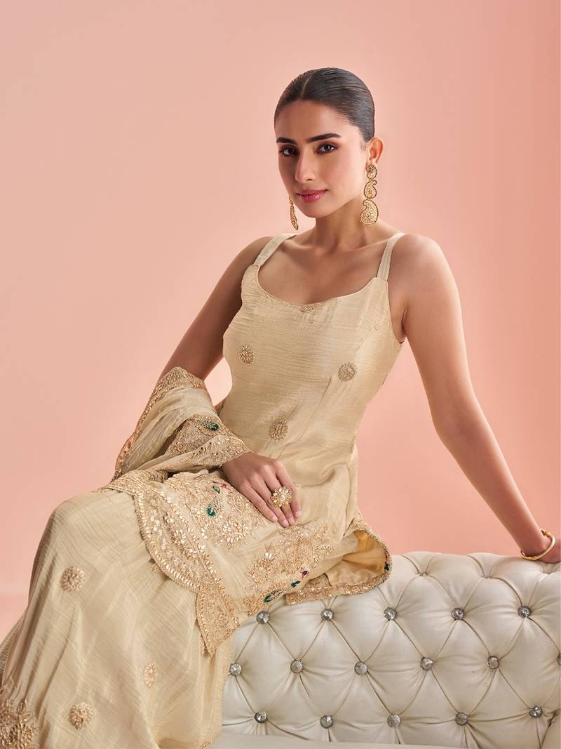 Cream cosmos with coading sequence with thread work plazzo set