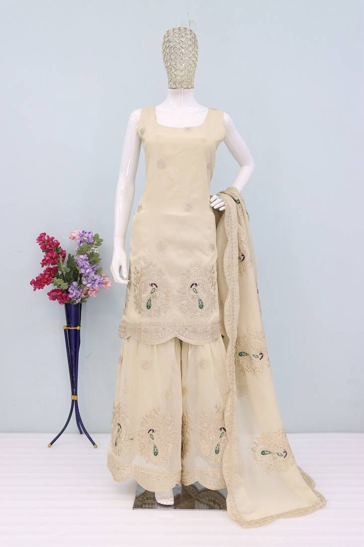 Cream cosmos with coading sequence with thread work plazzo set