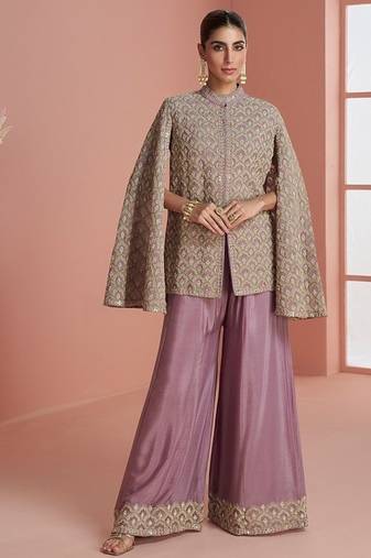 Women mauve & gold printed cape style kurta with flared palazzo pants