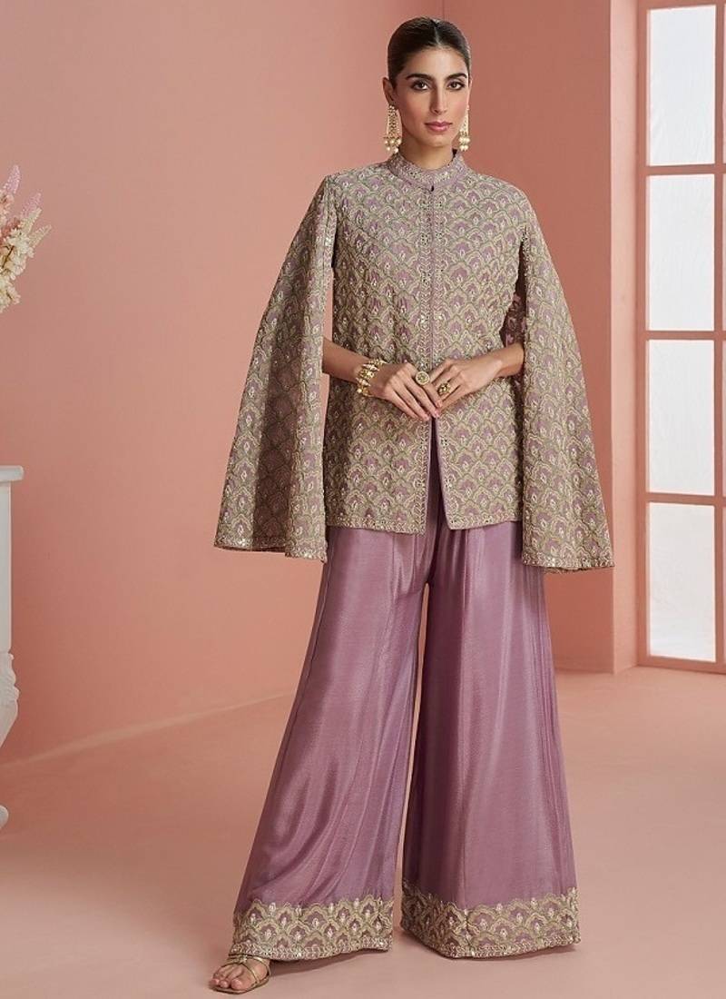 Women mauve & gold printed cape style kurta with flared palazzo pants