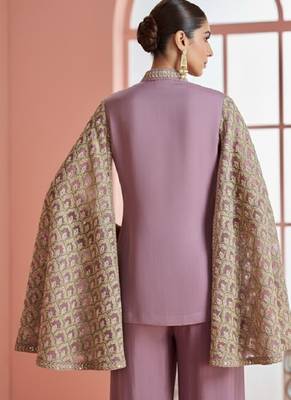 Women mauve & gold printed cape style kurta with flared palazzo pants 2