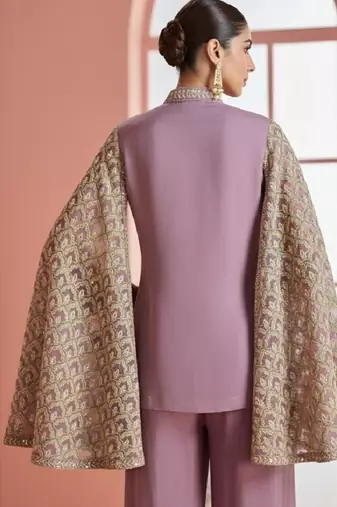 Women mauve & gold printed cape style kurta with flared palazzo pants