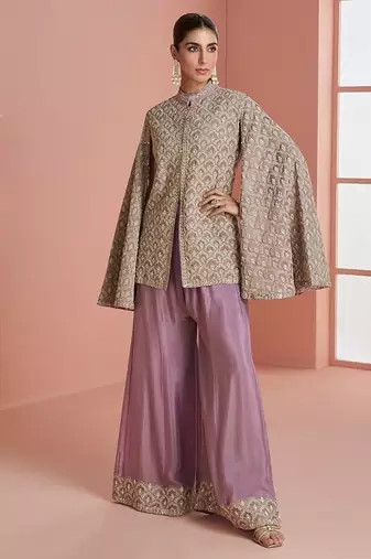 Women mauve & gold printed cape style kurta with flared palazzo pants