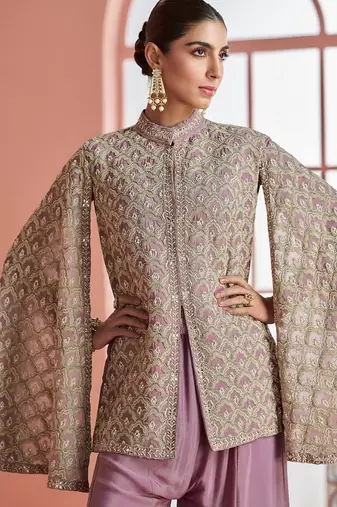 Women mauve & gold printed cape style kurta with flared palazzo pants