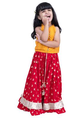 sleevless solid top with printed lehenga  - yellow & red 1
