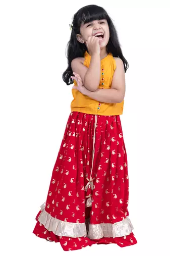 sleevless solid top with printed lehenga  - yellow & red
