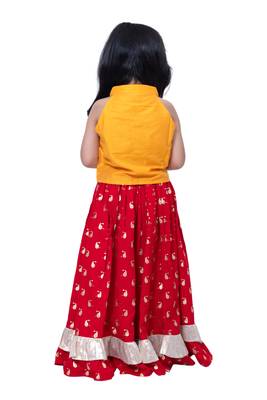 sleevless solid top with printed lehenga  - yellow & red 2