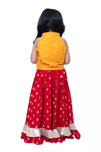 sleevless solid top with printed lehenga  - yellow & red