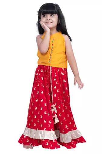 sleevless solid top with printed lehenga  - yellow & red