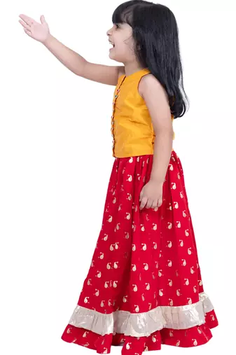 sleevless solid top with printed lehenga  - yellow & red