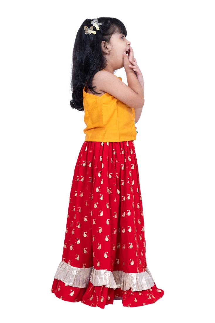 sleevless solid top with printed lehenga  - yellow & red