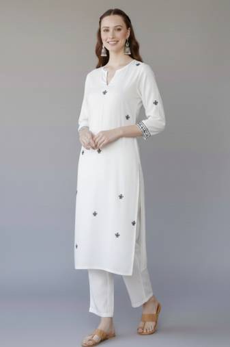 White  embroidered rayon kurta set