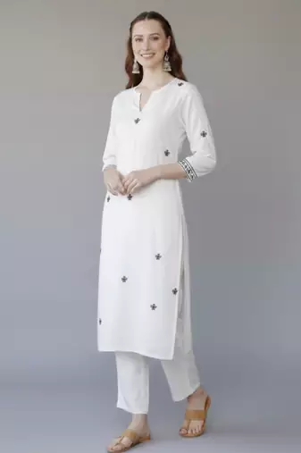 White  embroidered rayon kurta set