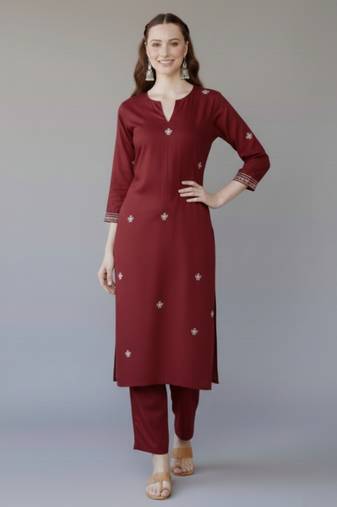 Maroon embroidered rayon kurta set