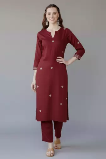 Maroon embroidered rayon kurta set