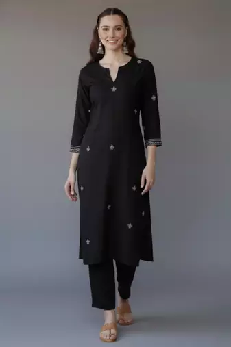Black embroidered rayon kurta set