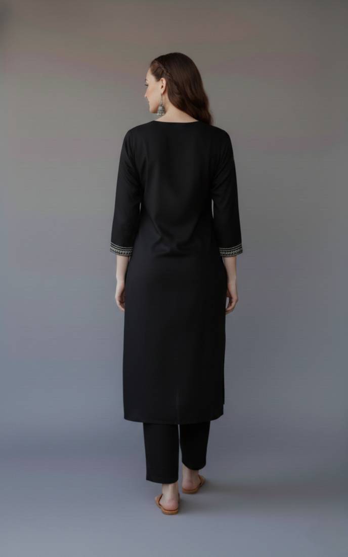 Black embroidered rayon kurta set