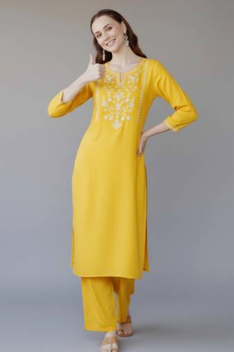Yellow embroidered rayon kurta set